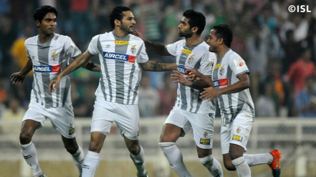 Atletico de Kolkata players celebrate their goal