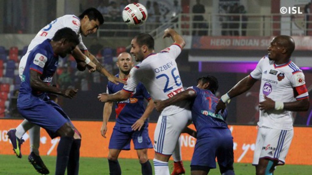 Mumbai City FC and FC Goa players involved in an aeriel duel. Mumbai City FC and FC Goa players involved in an aeriel duel.