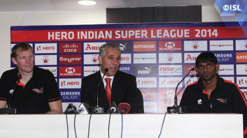 Head coach Van Veldhoven flanked by Kristof Van Hout (L) and Francis Fernandes (R) after the team’s 2-1 win over NorthEast.