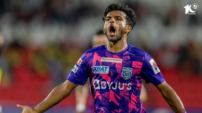 Mohammed Aimen of Kerala Blasters celebrating his first league goal